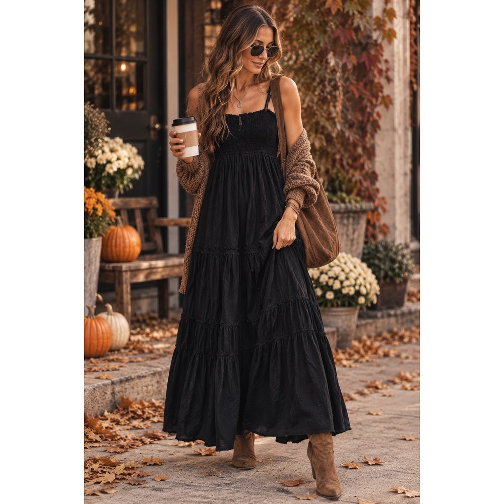 Hard Tail Forever Black Smocked Tiered Maxi Dress Tie Strap Raw Hem Medium